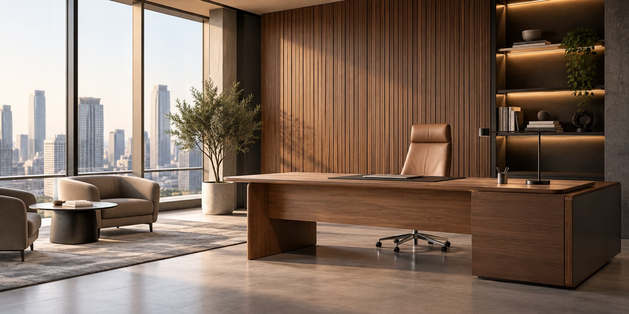 Executive office with a walnut desk, a leather chair and lounge seating by a city window